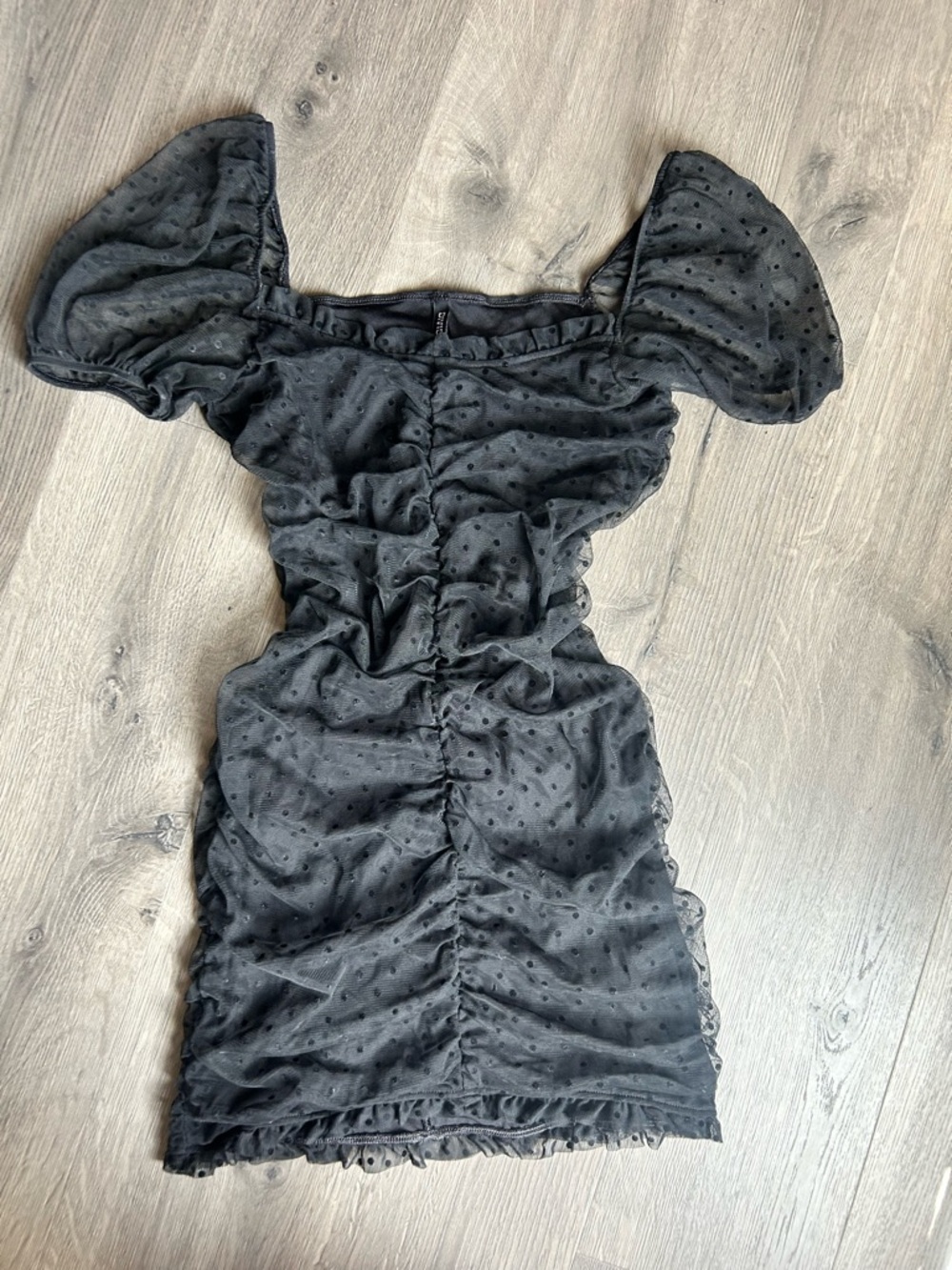 H&M Black Dotted Mesh Puff-Sleeve Ruched Mini Dress